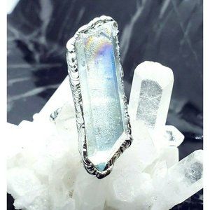 Blue aura quartz crystal statement ring goth silver ring adjustable ring